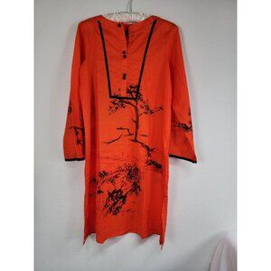 Sana Safinaz Orange Printed Cotton Kurti Medium Black Floral Calligraphy Design